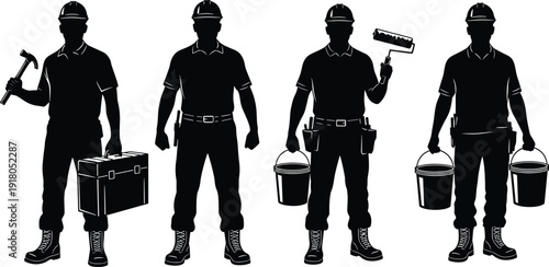 Silhouette Set of Male Construction Workers and Painters Holding Hammer, Toolbox, Paint Roller, and Buckets Isolated on White Background, SEO