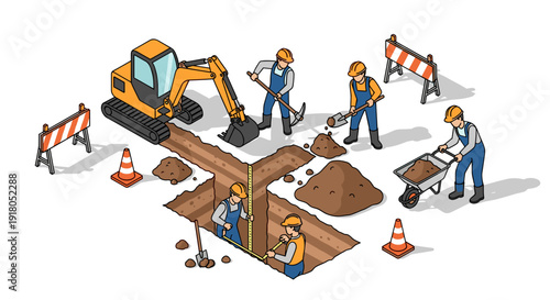 Construction Workers Digging and Building Site.