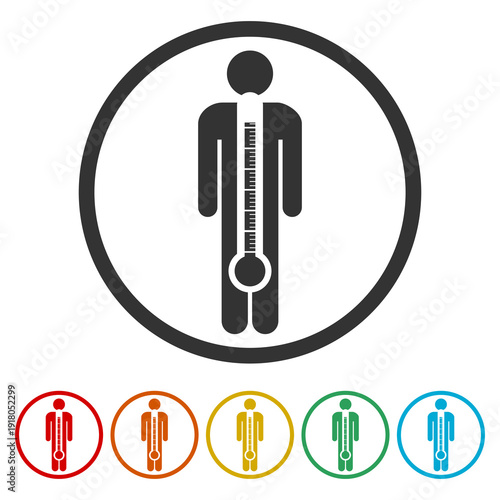Fever, High temperature icon. Set icons in color circle buttons