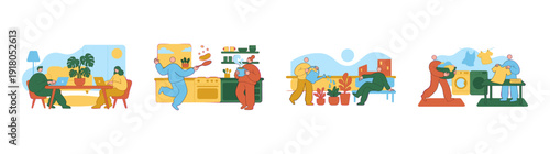 Flat Vector Domestic Lifestyle Scene Illustration Set for Remote Work and Home Activities Asset Kit