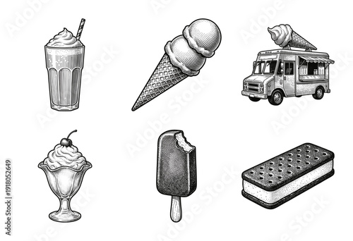 Set of vintage woodcut style ice cream illustrations featuring milkshakes, cones, food trucks, and frozen treats in black and white engraving style.