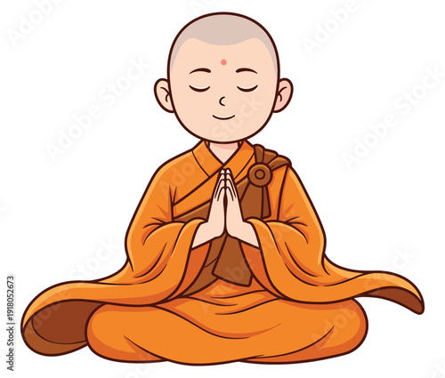 Serene Buddhist monk meditating in orange robes with prayer hands