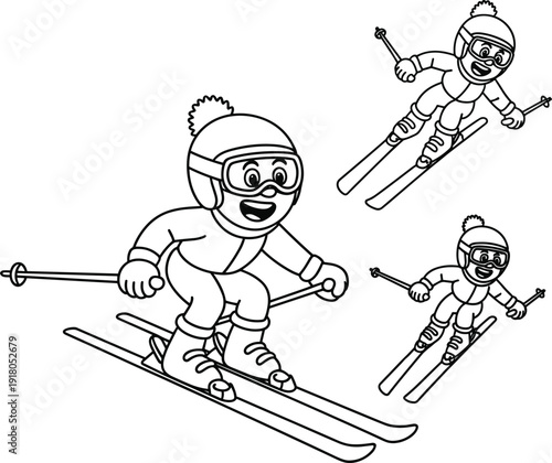 Skiing Athlete Character Illustration Featuring Cartoon Skier In Winter Gear With Goggles And Poles For Downhill Sports Snow Vacation Youth Activities And