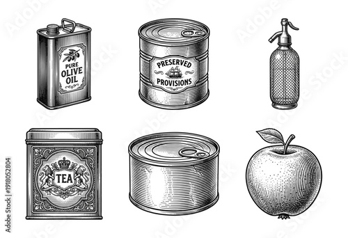 Vintage grocery and provisions collection in woodcut engraving style featuring tins cans olive oil and fruit