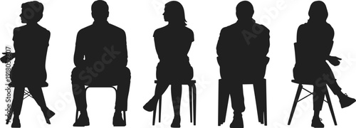 Silhouette people sitting on chairs, diverse postures, waiting room concept, interview panel, teamwork, business meeting, abstract design illustration