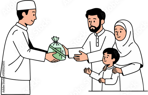 Muslim man giving charity donation bag to a family