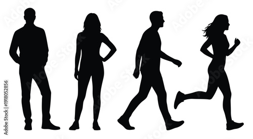 Silhouettes of people walking and running in various poses