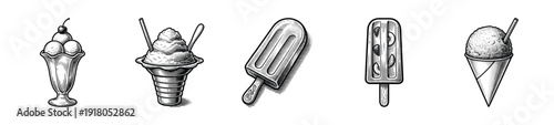 Collection of frozen summer treats and desserts in a vintage engraved woodcut illustration style featuring ice cream and popsicles.