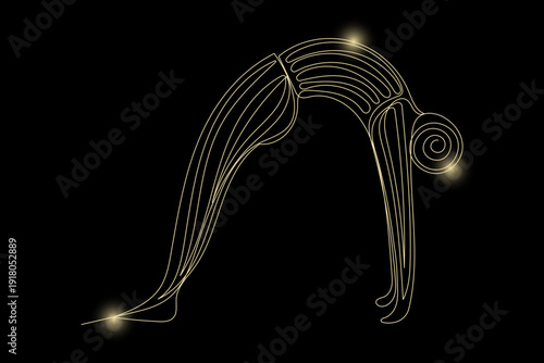 Line Art Yoga. Sport Fitness Class Isolated Logo Symbol. Abstract Outline Body Symbol with Golden Shine Fitness Center Advertising Flyer, Card, Invitation. Healthy Lifestyle and Mental Health Theme.	