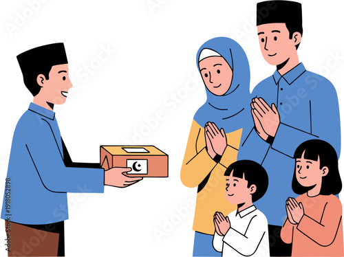 Muslim man giving donation gift box to happy family