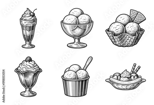 Set of vintage woodcut style ice cream desserts including sundae glasses, waffle bowls, and banana splits in detailed black and white engraving.