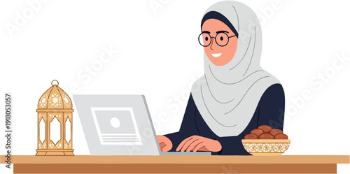 Muslim woman in hijab using laptop with dates and lantern