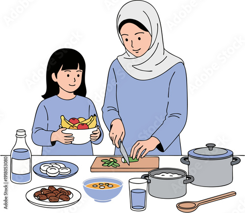 Muslim mother and daughter preparing a healthy meal together