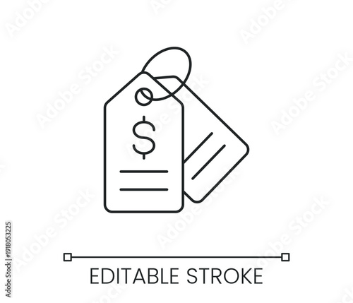 Price tag line icon with dollar sign for retail shopping sale discount and commercial labeling. Line with editable stroke single symbol. Outline vector illustration