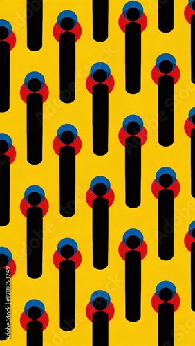 Bold abstract pattern on bright yellow background, repeating black columns with red and blue circles, modern pop art vibe for branding and posters, creative design for festival promo