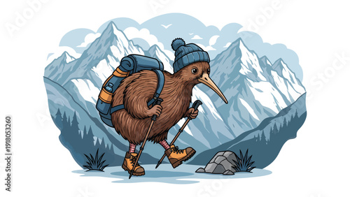 Kiwi Adventure: An adventurous kiwi bird, equipped with a backpack and hiking gear, sets out on an exploration of the majestic mountain landscape. 