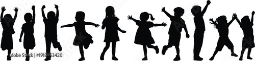 Children silhouettes jumping, dancing, playing, raising arms, joyful kids activity, dynamic poses, childhood fun, happy group, energetic movement, white background