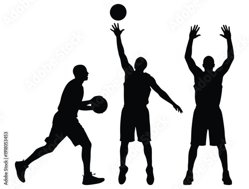 Silhouettes of three basketball players in dynamic motion on court