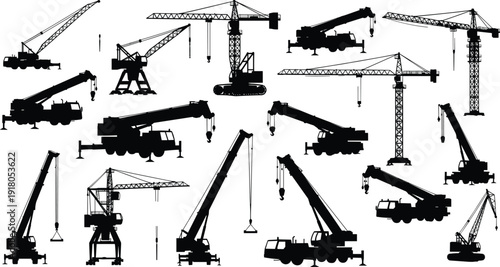 Construction crane silhouettes collection, tower mobile crawler crane vector illustration isolated, heavy lifting industrial machinery, engineering 