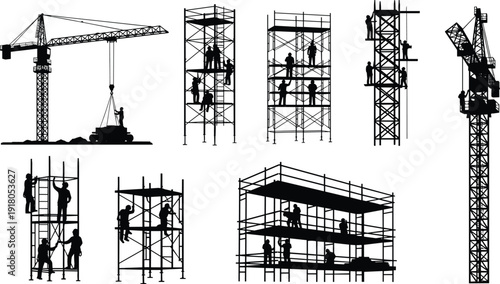 Construction scaffolding workers and tower crane silhouette vector set, building site labor teams assembling structural framework with industrial lifting equipment operations