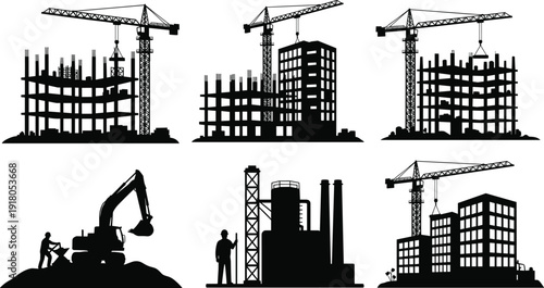 Construction site development with cranes, excavator and industrial plant silhouette vector set, urban infrastructure building and engineering project machinery operations
