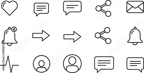 Essential Icons: A collection of clean, modern icons ideal for web design, app interfaces, and digital communication, each embodying a core function for seamless user experience.