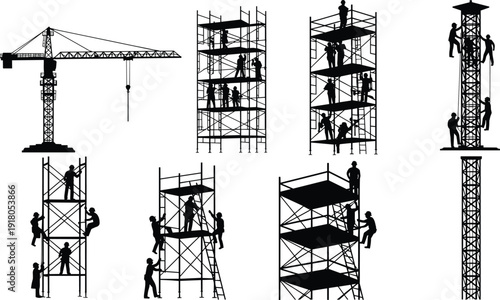 Construction workers on scaffolding and tower crane silhouettes set, building site labor vector illustration isolated, industrial construction safety, engineering infrastructure development concept