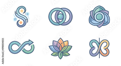 Modern Wellness and Meditation Icon Set Featuring Lotus Infinity Balance and Mindful Lifestyle Symbols