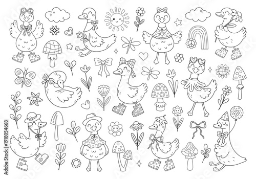 Cute silly goose coloring page, Blooming spring outline, Summer season coloring for kids and adults, Funny duck doodle, Floral aesthetic.