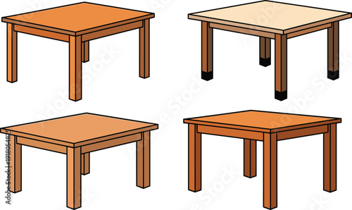 Wooden table isometric vector set, simple square dining and coffee tables collection, home furniture interior flat design illustration artwork