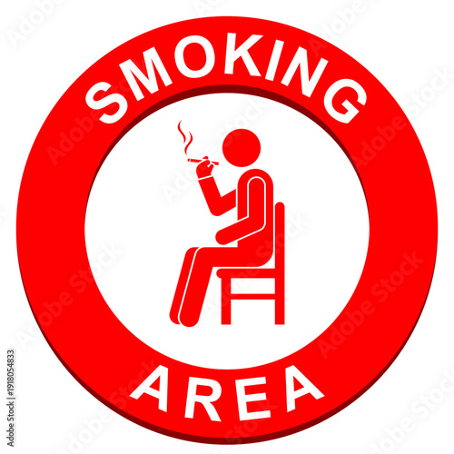 Smoking area sign vector illustration red circular designated zone for smokers with sitting person icon, public facility information symbol isolated flat minimalist design for building management.