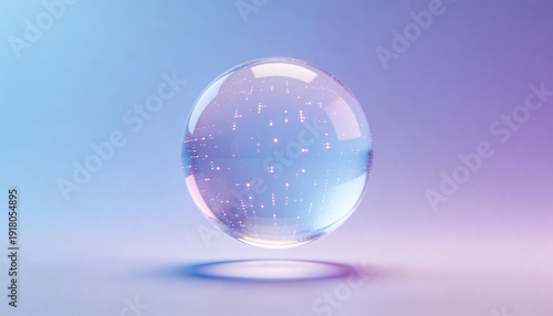 Clear glass sphere with glowing lights inside, floating in a soft gradient of blue and purple.