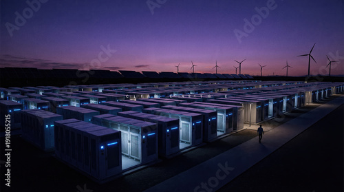 Modern battery energy storage system standing calm under purple twilight sky showing hopeful future of renewable power grid technology and sustainable electricity industrial infrastructure station