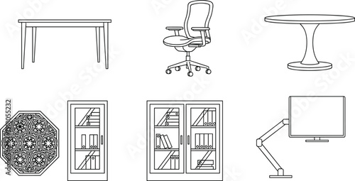 Furniture line art vector set, office chair tables cabinets monitor arm decorative wall frame, minimalist interior design outline illustration collection