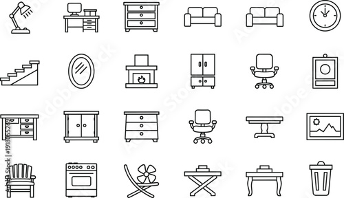 Home furniture and interior outline icons set, chair table cabinet lamp clock decor elements, minimalist vector line art illustration collection