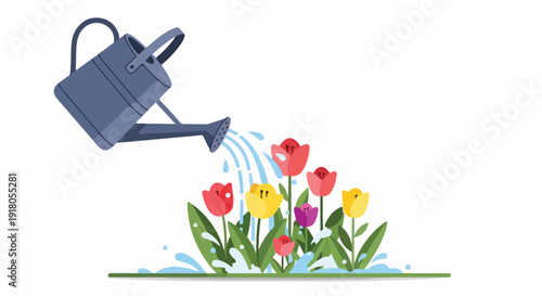 Colorful illustration of a watering can pouring water onto a vibrant group of tulips against a clean white background.