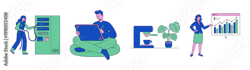 Flat Vector Office Professional Character and Workplace Element Kit for Corporate Productivity and IT Infrastructure