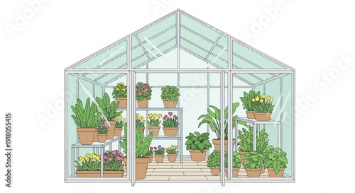 Illustration of a spacious greenhouse interior with numerous potted plants on shelves and a pathway leading to the back, against a plain white background.