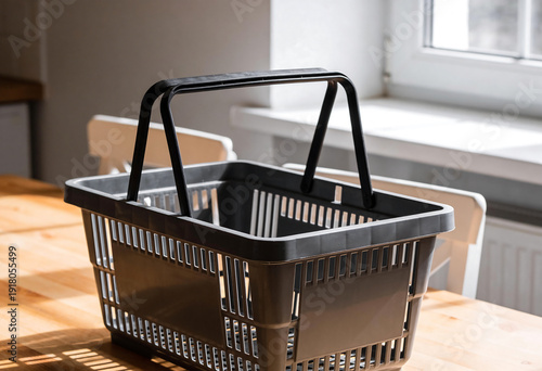 Empty Shopping Basket on Wooden Table with Sunlight