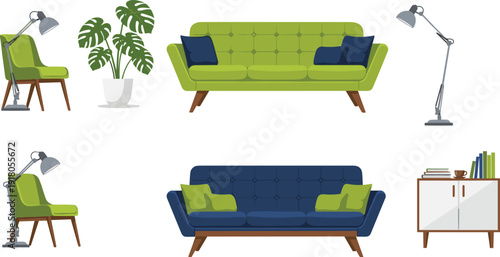 Modern living room furniture set illustration, mid century sofas chairs floor lamps plant cabinet, flat vector interior design collection artwork