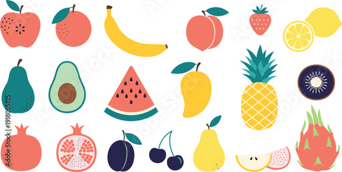 Cartoon Fruits Icons Set with Apple Banana Peach Mango Pineapple and Exotic Fruit Illustration