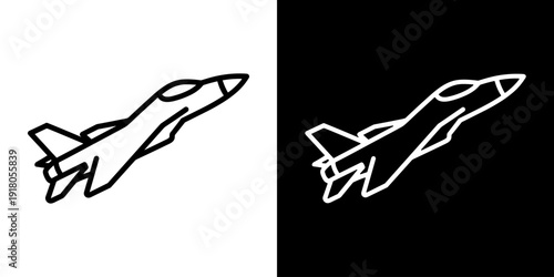 Fighter jet icon concept in flat black and white style on clean background vector illustration design.