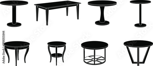 Round table furniture silhouette vector set, modern and classic coffee tables collection, interior design black icon illustration isolated elements