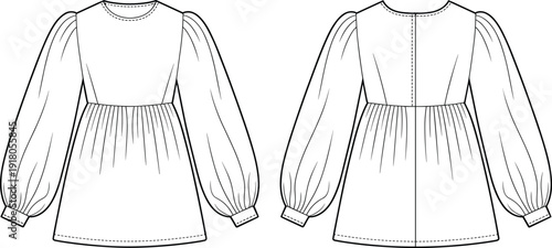 Women Long Sleeve Puff Dress Technical Drawing Featuring Front And Back Views With Gathered Waistline For Fashion Design Apparel Manufacturing And Mockup
