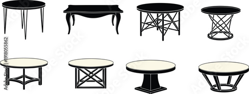 Round table furniture collection vector illustration, modern classic coffee tables silhouettes set, interior design elements isolated on white background artwork