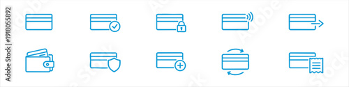 Collection of modern credit card line icons for fintech and banking. Symbols for secure payment, contactless transactions, transfers, and wallets.