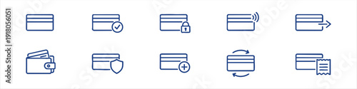 Collection of modern credit card line icons for fintech and banking. Symbols for secure payment, contactless transactions, transfers, and wallets.