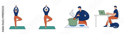 Flat Vector Lifestyle Activities Illustration Set for Wellness and Remote Work Routine