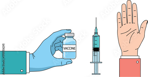 Medical Professional Holding Vaccine Vial Next to Syringe with Hand Making Stop Gesture Representing Vaccination Choice, Immunity, and Vaccine Hesitancy