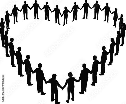 Unity heart silhouette, diverse people holding hands, community love, compassion support, solidarity chain, teamwork togetherness, friendship bond, humanity connection, peace harmony